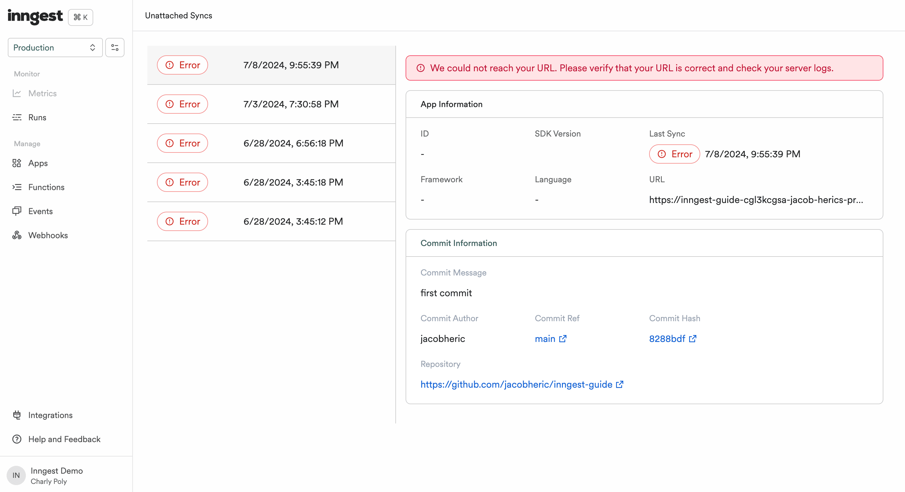 The Unattached Syncs list provides detailed information regarding failed syncs.